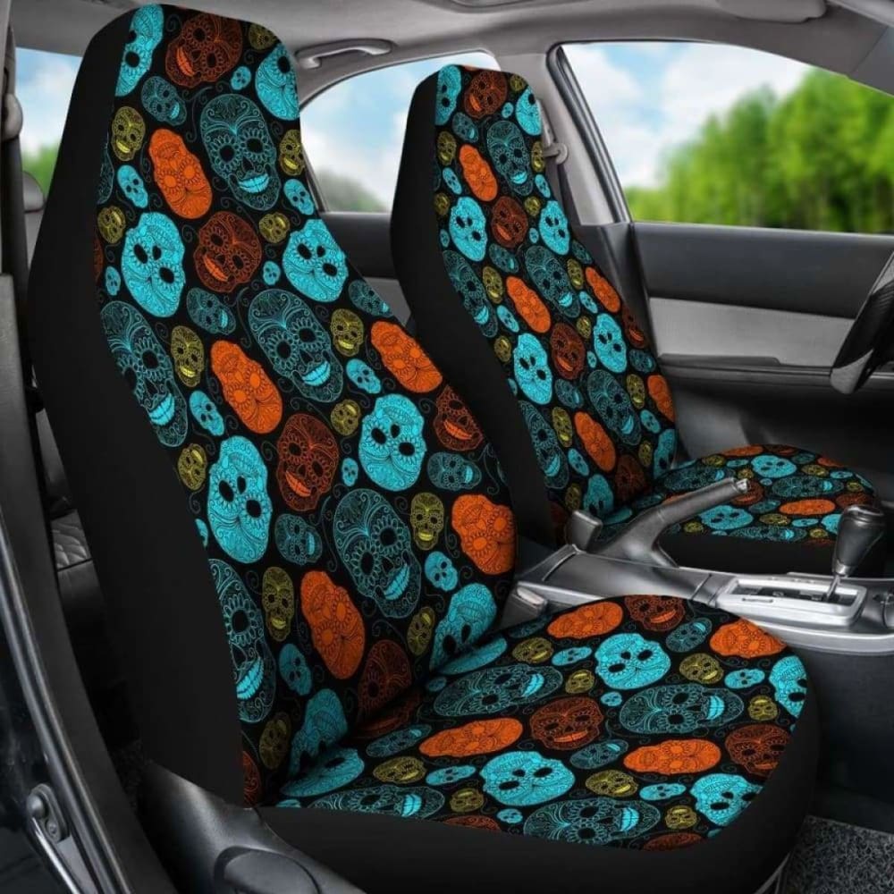 Set Of 2 - Sugar Skull Car Seat Cover Day Of The Dead 101207
