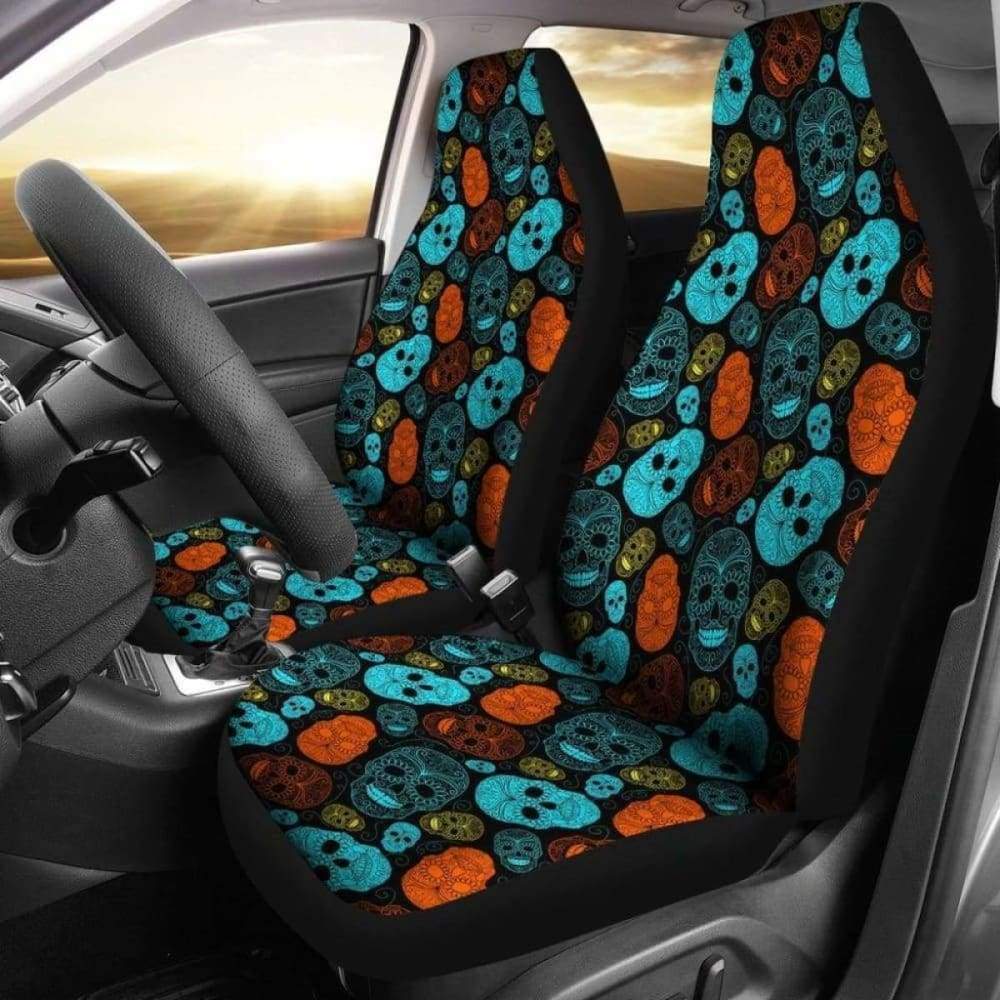 Set Of 2 - Sugar Skull Car Seat Cover Day Of The Dead 101207
