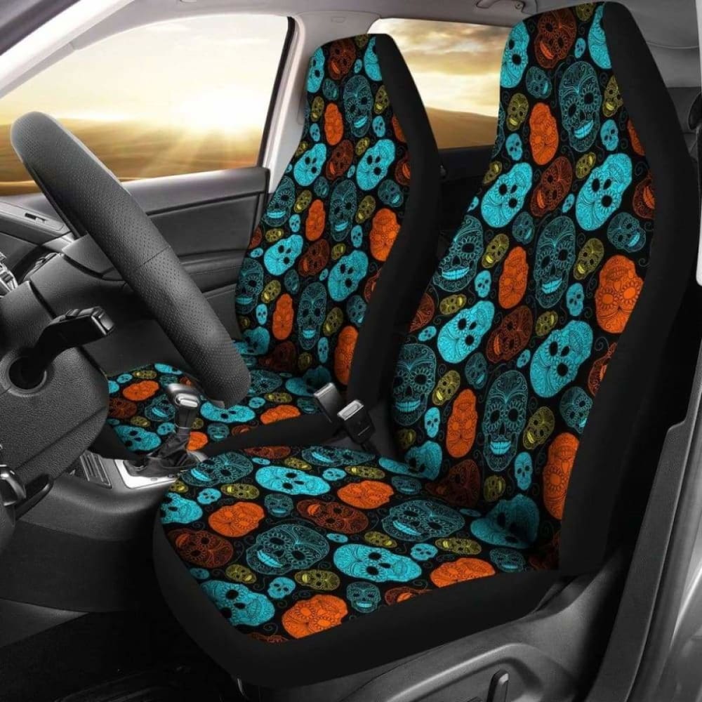 Set Of 2 - Sugar Skull Car Seat Cover Day Of The Dead 101207