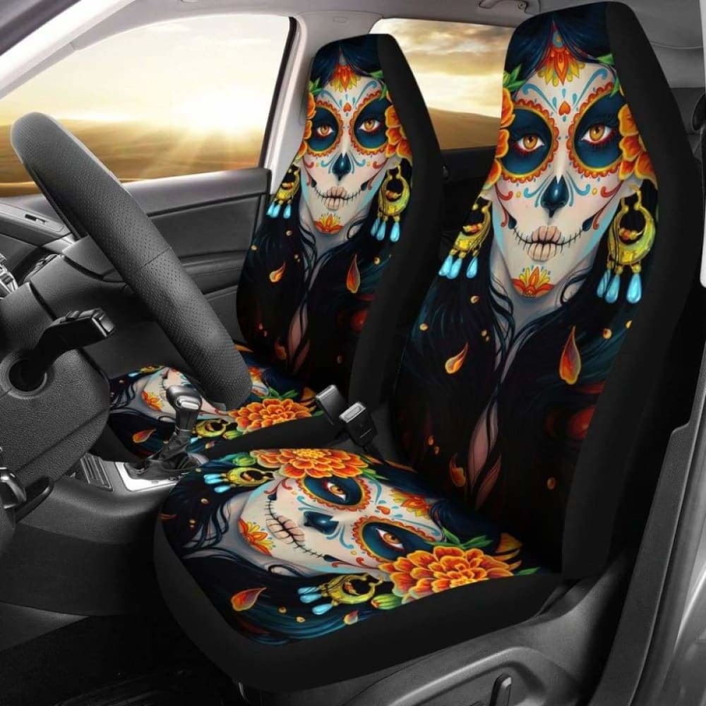 Set Of 2 Sugar Skull Car Seat Covers 101207