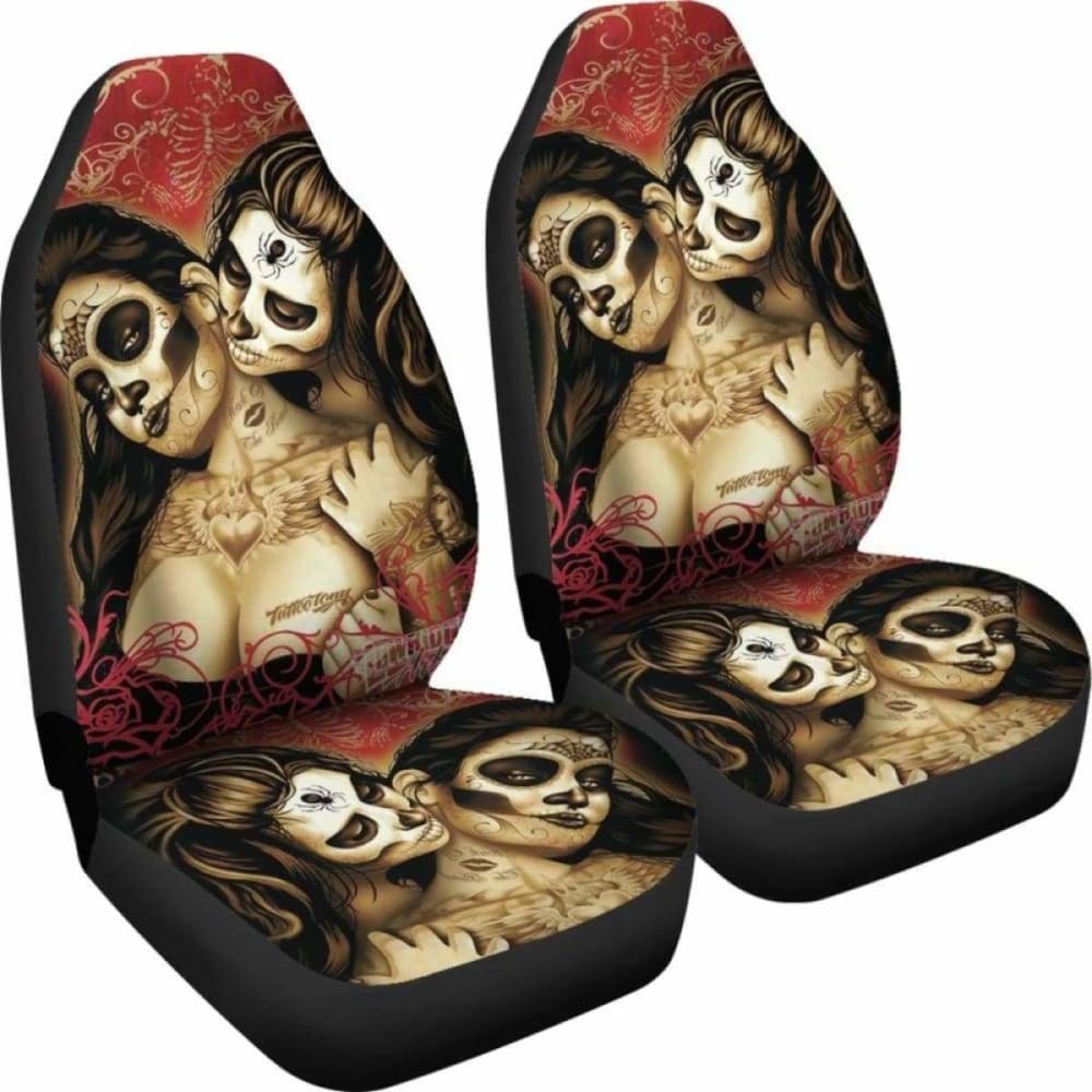 Set Of 2 Sugar Skull Day Of The Dead Car Seat Covers 101207