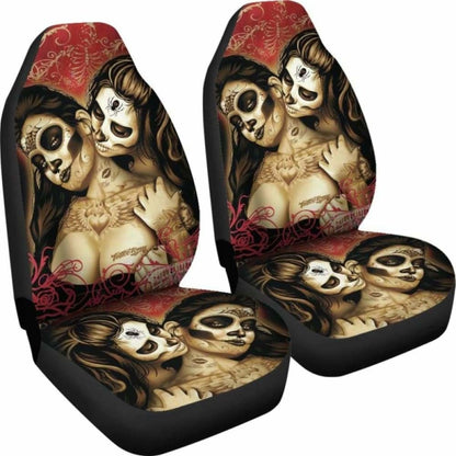Set Of 2 Sugar Skull Day Of The Dead Car Seat Covers 101207