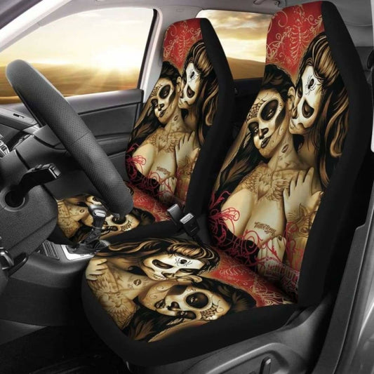 Set Of 2 Sugar Skull Day Of The Dead Car Seat Covers 101207
