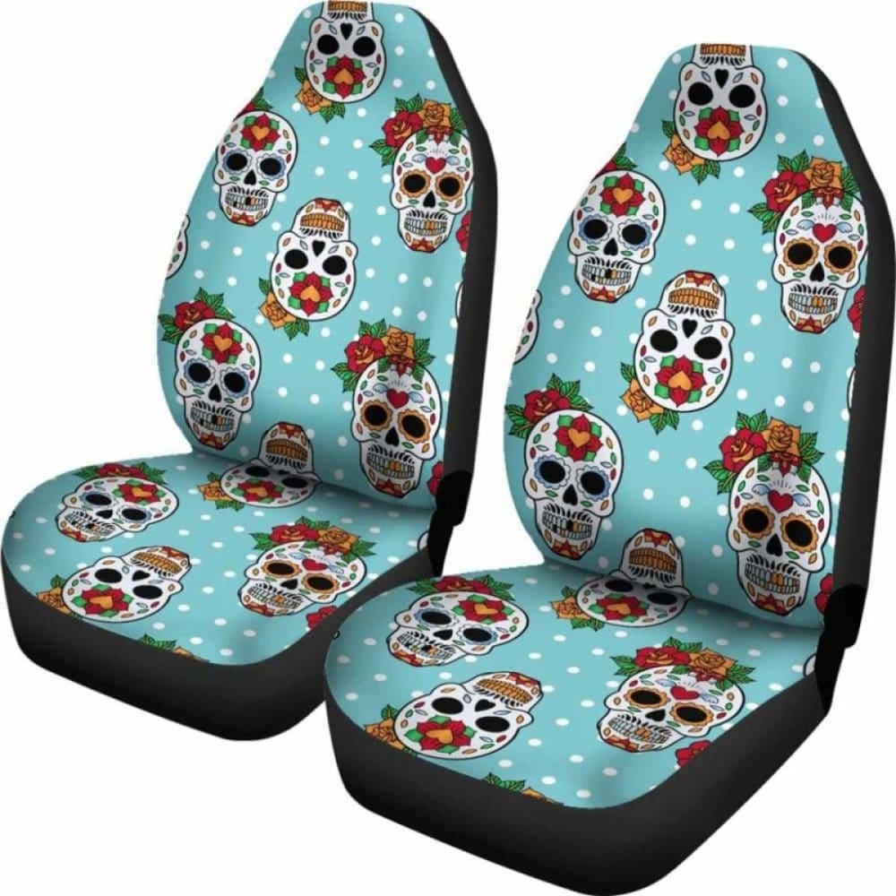 Set Of 2 Sugar Skull Day Of The Dead Seat Covers 101207