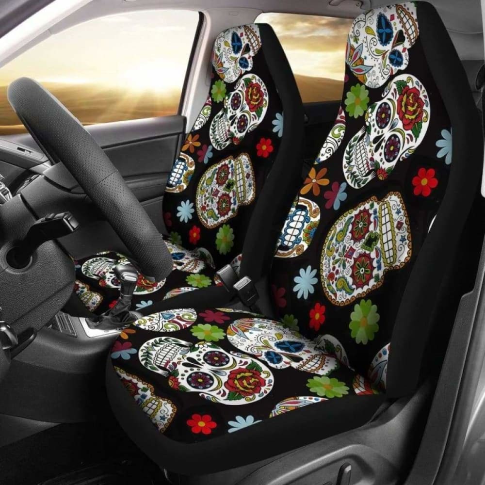 Set Of 2 Sugar Skull Day Of The Dead Seat Covers 101207