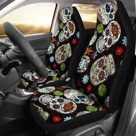 Set Of 2 Sugar Skull Day Of The Dead Seat Covers 101207