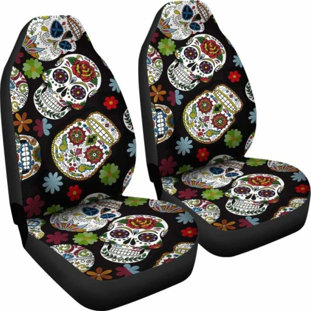Set Of 2 Sugar Skull Day Of The Dead Seat Covers 101207