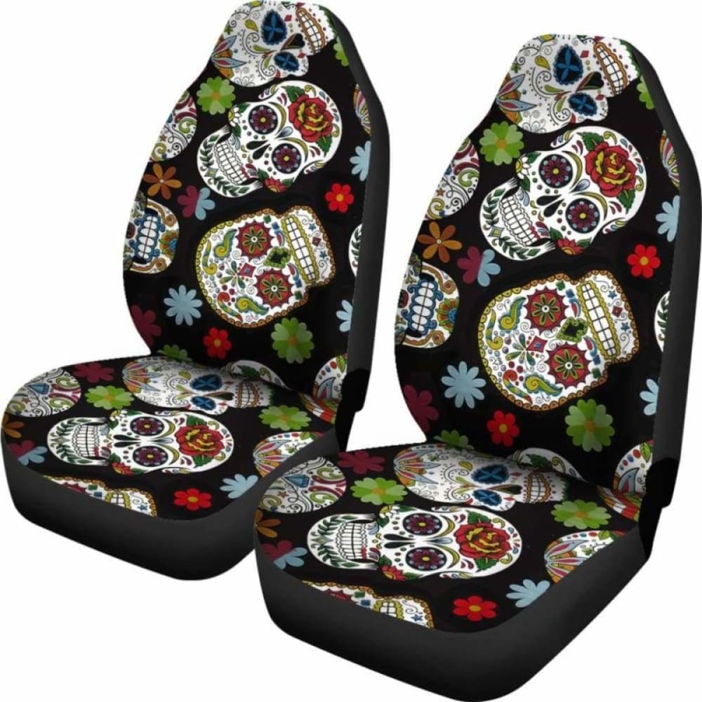 Set Of 2 Sugar Skull Day Of The Dead Seat Covers 101207