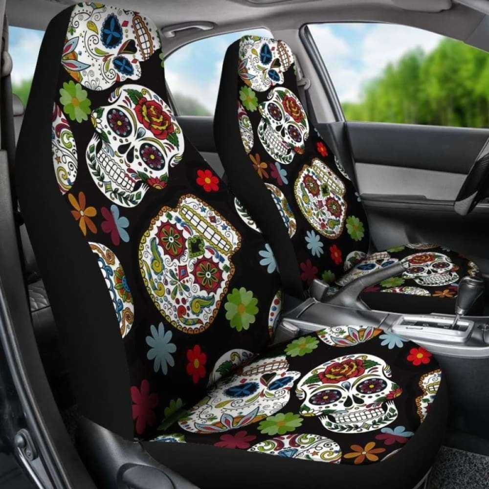 Set Of 2 Sugar Skull Day Of The Dead Seat Covers 101207