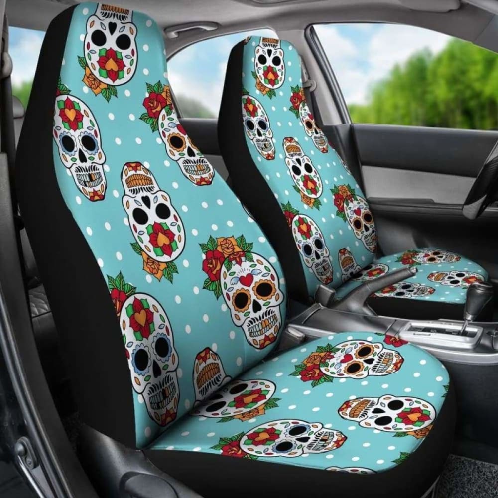 Set Of 2 Sugar Skull Day Of The Dead Seat Covers 101207