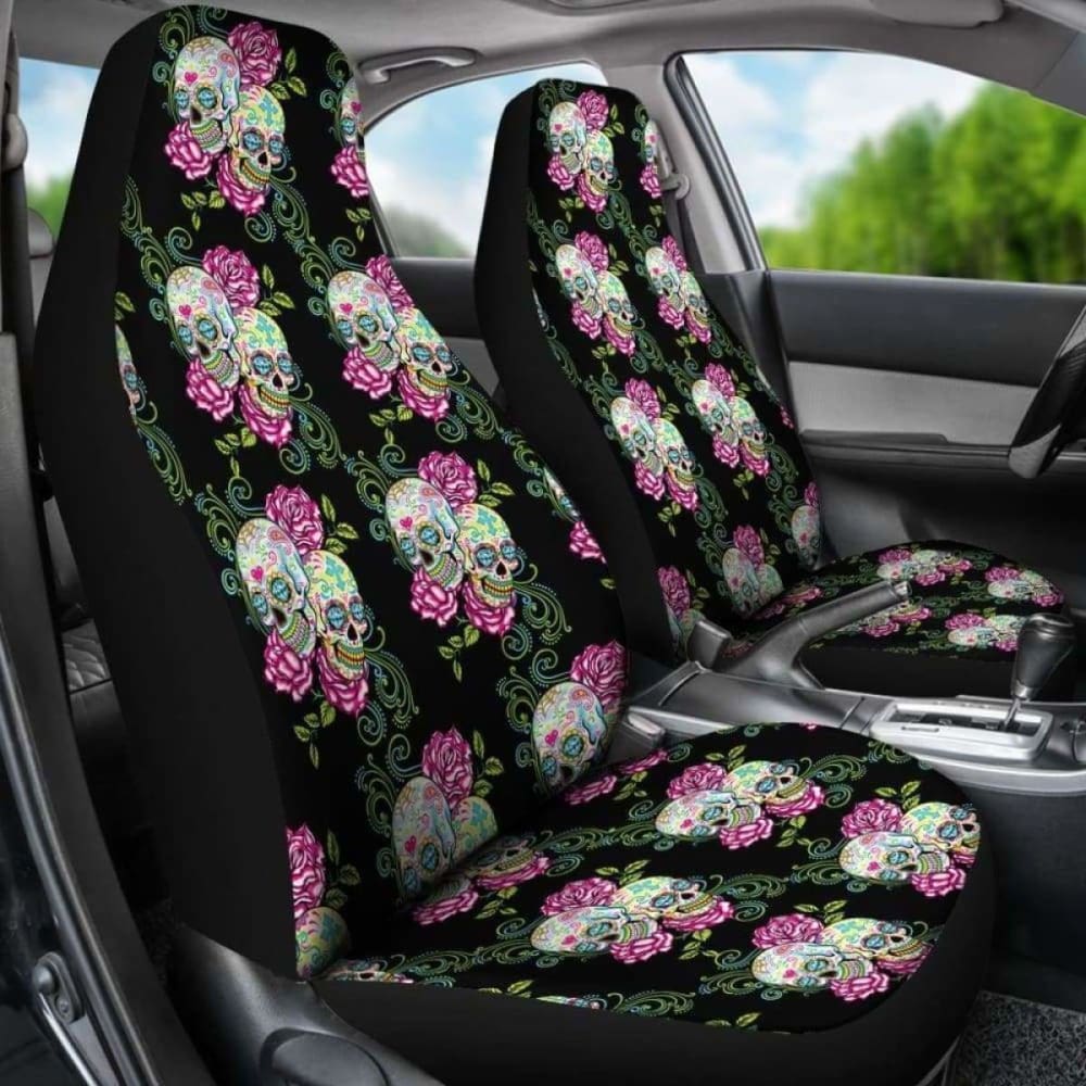 Set Of 2 Sugar Skull Floral Car Seat Covers 101207