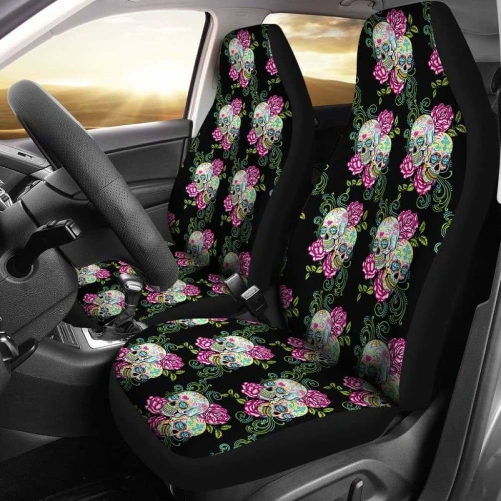 Set Of 2 Sugar Skull Floral Car Seat Covers 101207