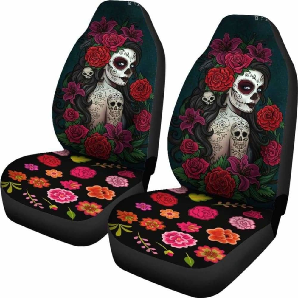 Set Of 2-Sugar Skull Girl - Day Of The Dead Car Seat Covers 101207