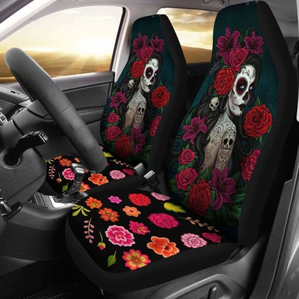 Set Of 2-Sugar Skull Girl - Day Of The Dead Car Seat Covers 101207
