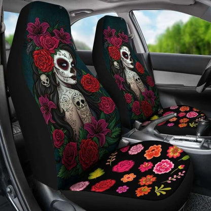 Set Of 2-Sugar Skull Girl - Day Of The Dead Car Seat Covers 101207