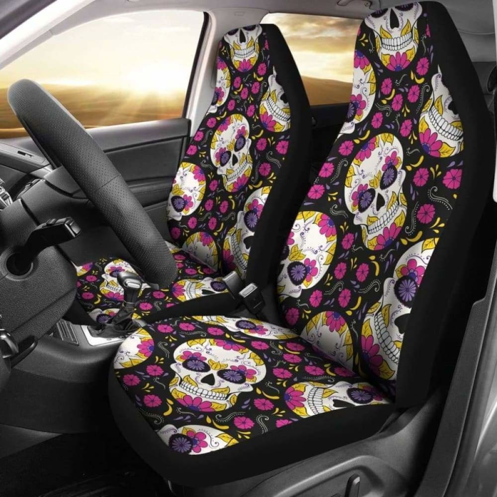 Set Of 2 Sugar Skull Mexican Skull Car Seat Covers 101207