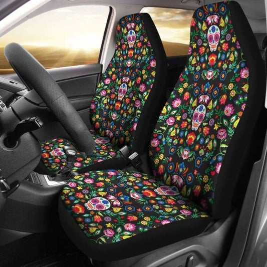 Set Of 2 Sugar Skull Mexican Skull Day Of The Dead Car Seat Covers 101207