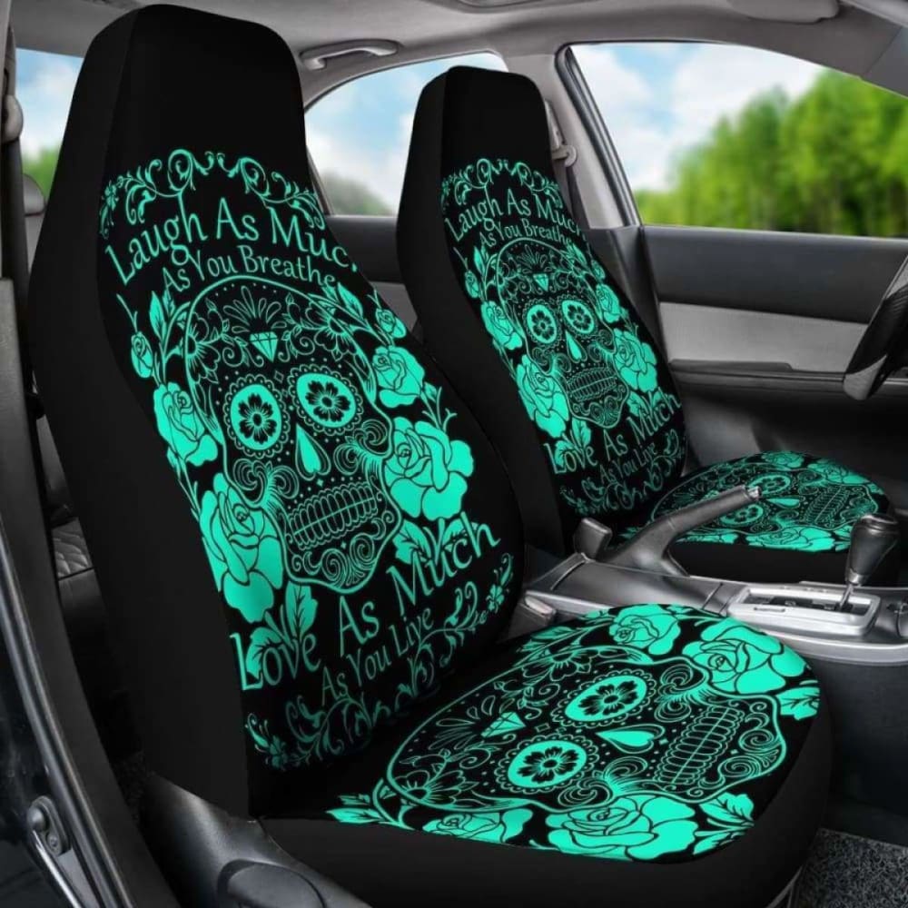 Set Of 2 Sugar Skull Seat Covers - Laugh As Much As You Breath 101207