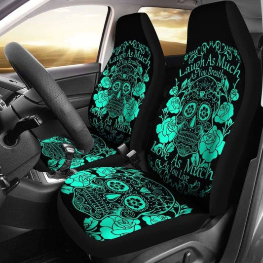 Set Of 2 Sugar Skull Seat Covers - Laugh As Much As You Breath 101207