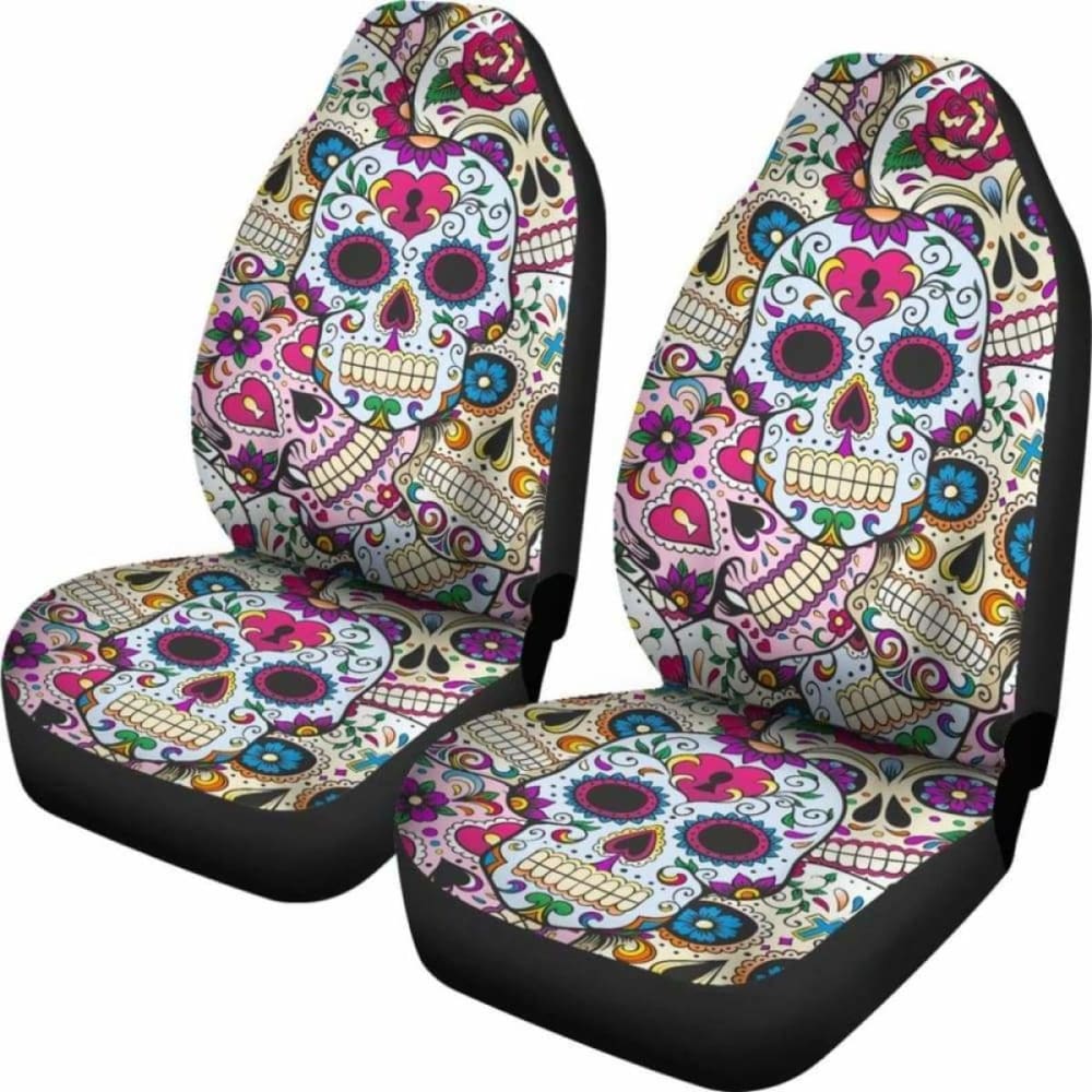 Set Of 2 Sugar Skulls - Day Of The Dead Car Seat Covers 101207