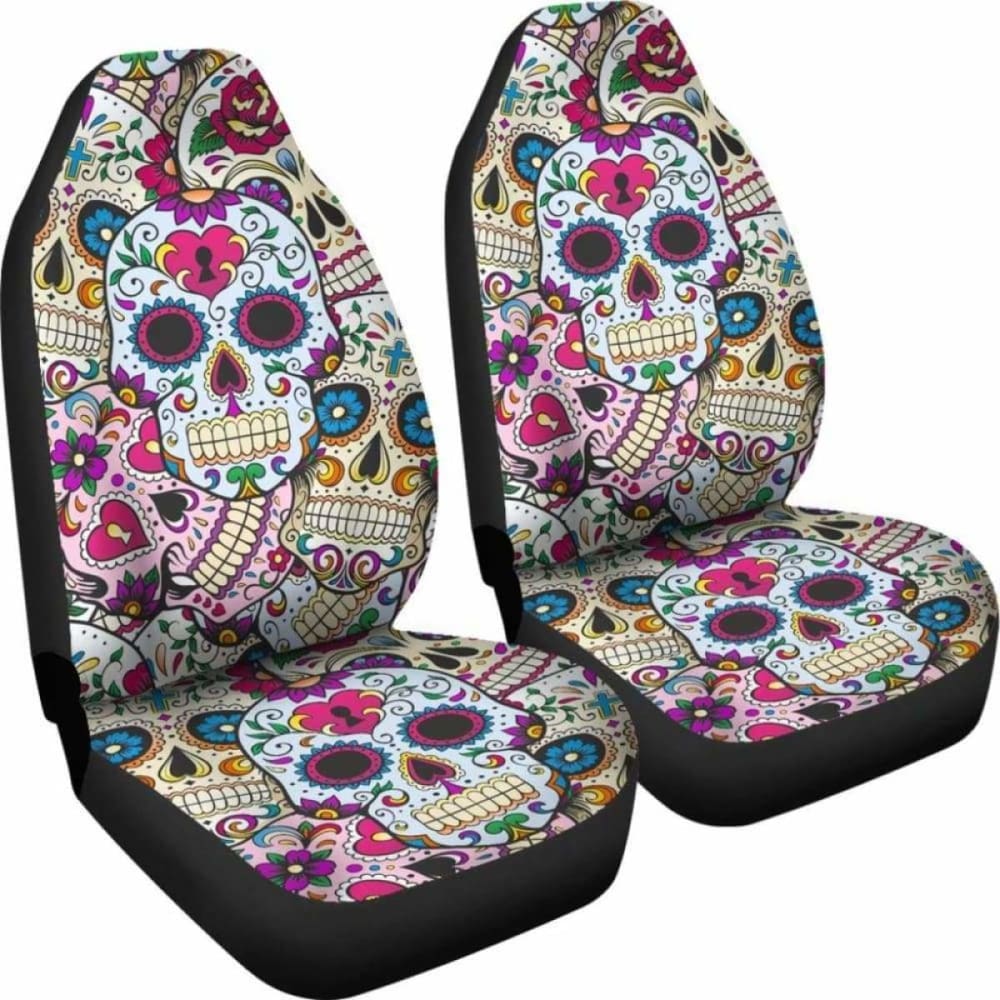 Set Of 2 Sugar Skulls - Day Of The Dead Car Seat Covers 101207