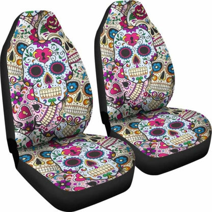 Set Of 2 Sugar Skulls - Day Of The Dead Car Seat Covers 101207