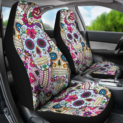Set Of 2 Sugar Skulls - Day Of The Dead Car Seat Covers 101207