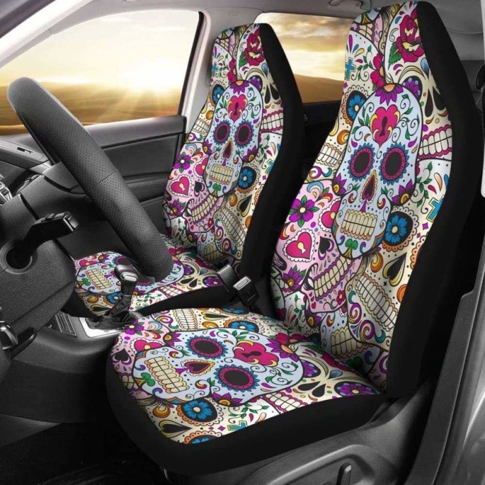 Set Of 2 Sugar Skulls - Day Of The Dead Car Seat Covers 101207