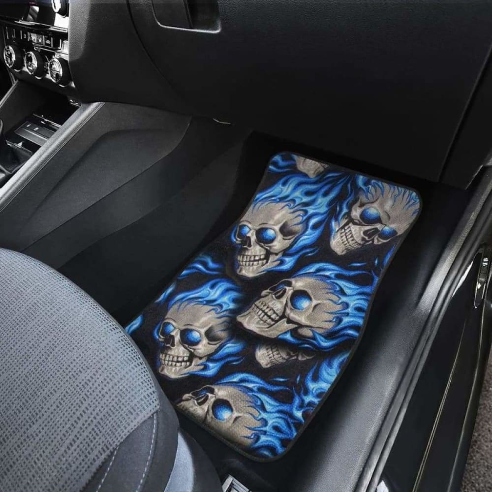 Set Of 4 Pcs Blue Flaming Skull Car Mats 110728 - YourCarButBetter