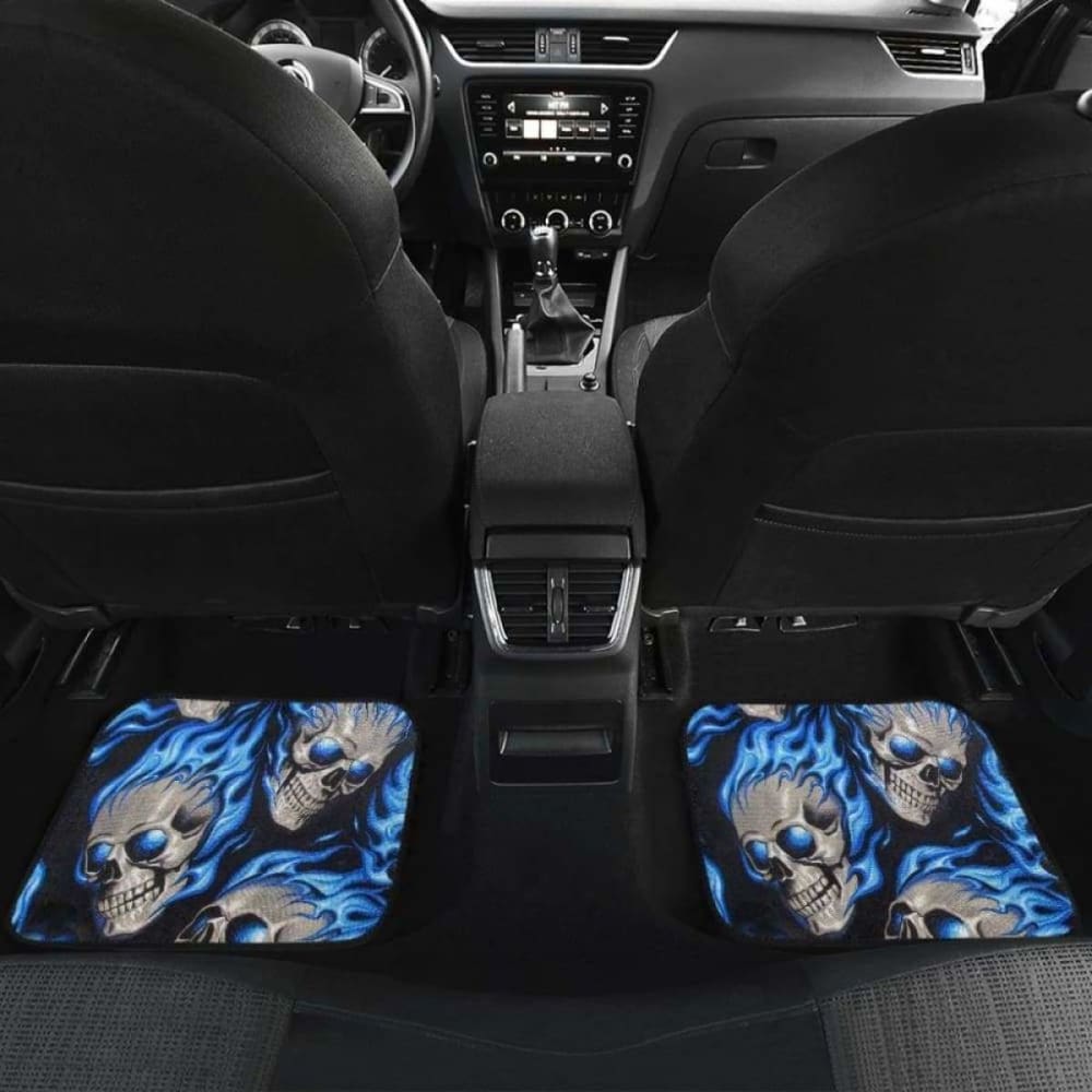 Set Of 4 Pcs Blue Flaming Skull Car Mats 110728 - YourCarButBetter