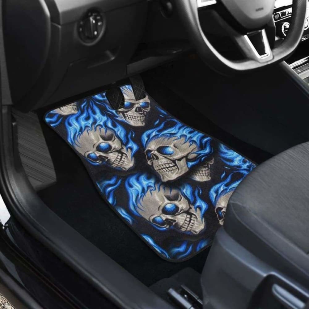 Set Of 4 Pcs Blue Flaming Skull Car Mats 110728 - YourCarButBetter