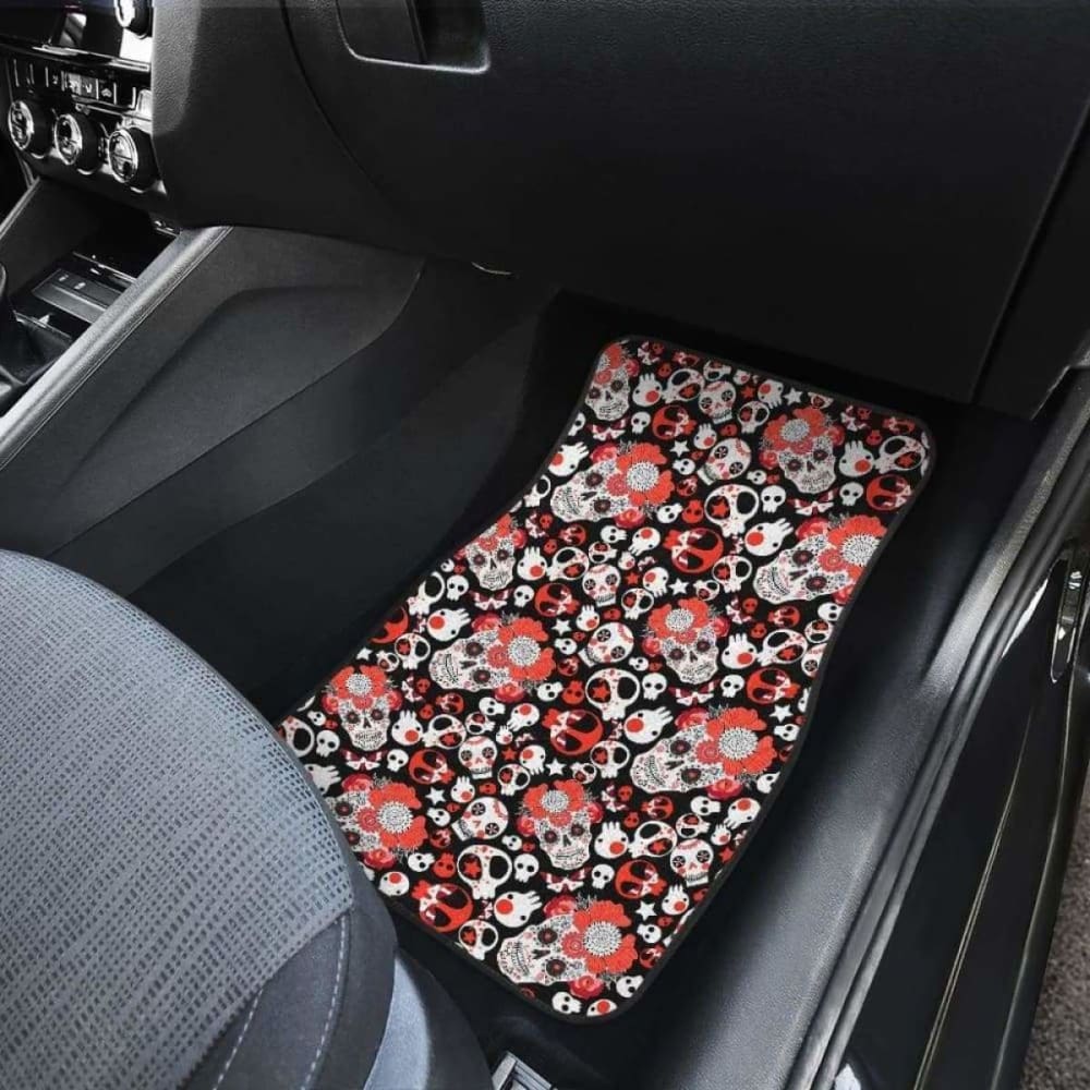 Set Of 4 Pcs Floral Day Of The Dead Sugar Skull Car Mats 101207