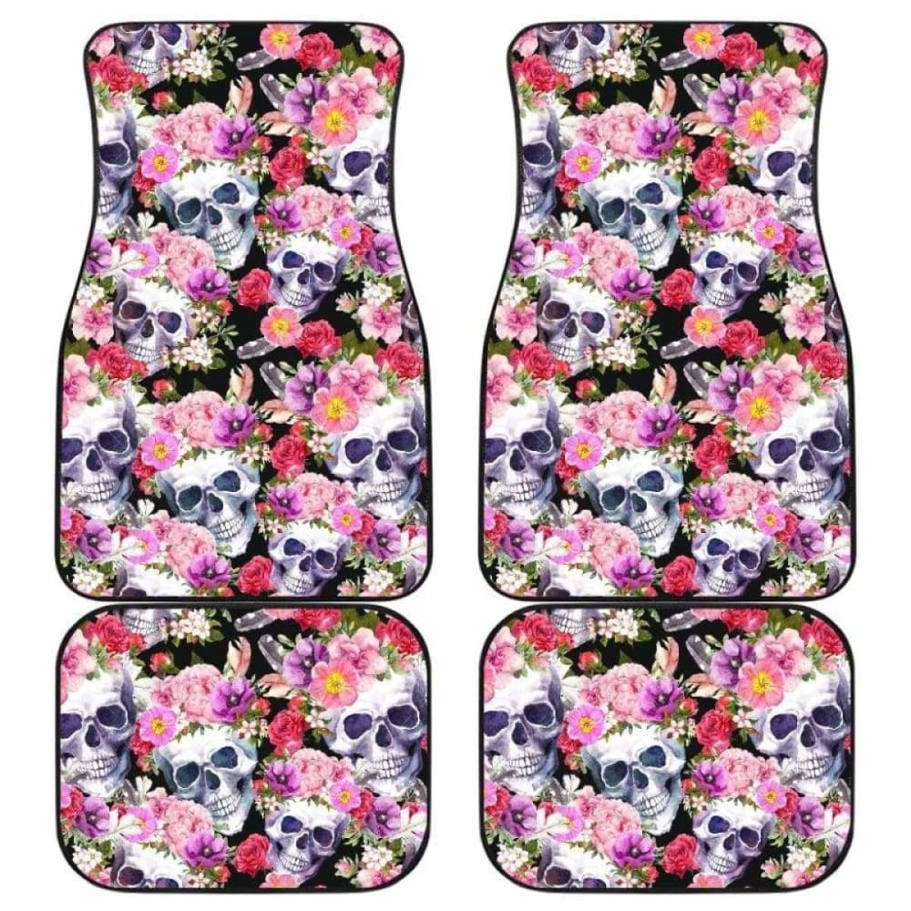 Set Of 4 Pcs Floral Skull Car Mats 153908 - YourCarButBetter