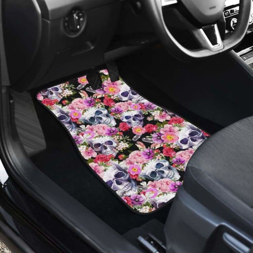 Set Of 4 Pcs Floral Skull Car Mats 153908 - YourCarButBetter