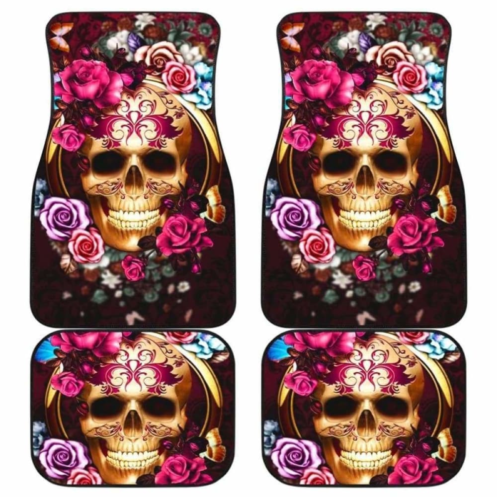 Set Of 4 Pcs Floral Skull Car Mats 153908 - YourCarButBetter