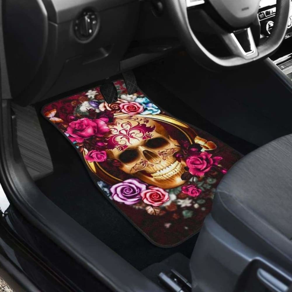 Set Of 4 Pcs Floral Skull Car Mats 153908 - YourCarButBetter