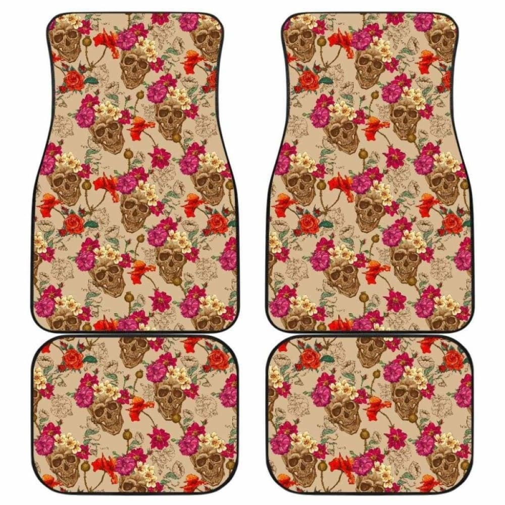 Set Of 4 Pcs Floral Sugar Skull Car Mats 101207