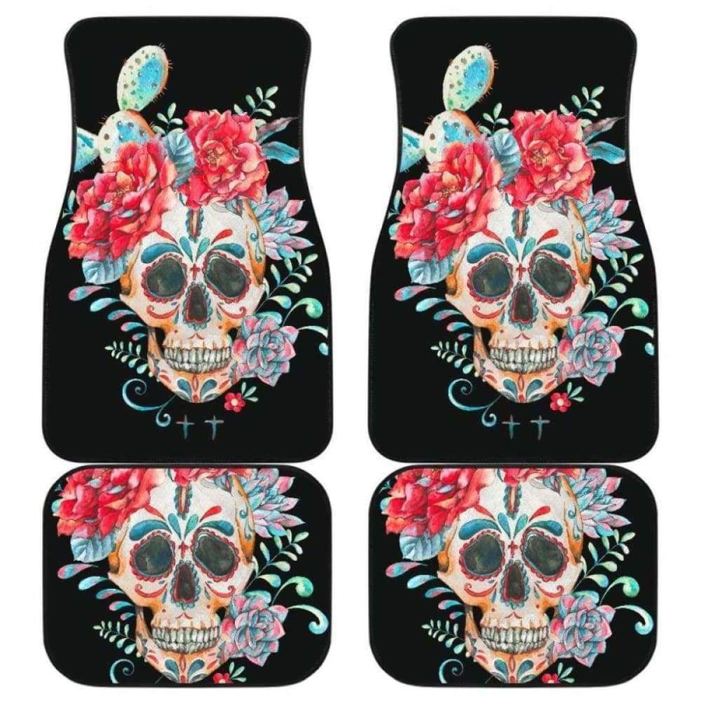 Set Of 4 Pcs Floral Sugar Skull Car Mats 101207