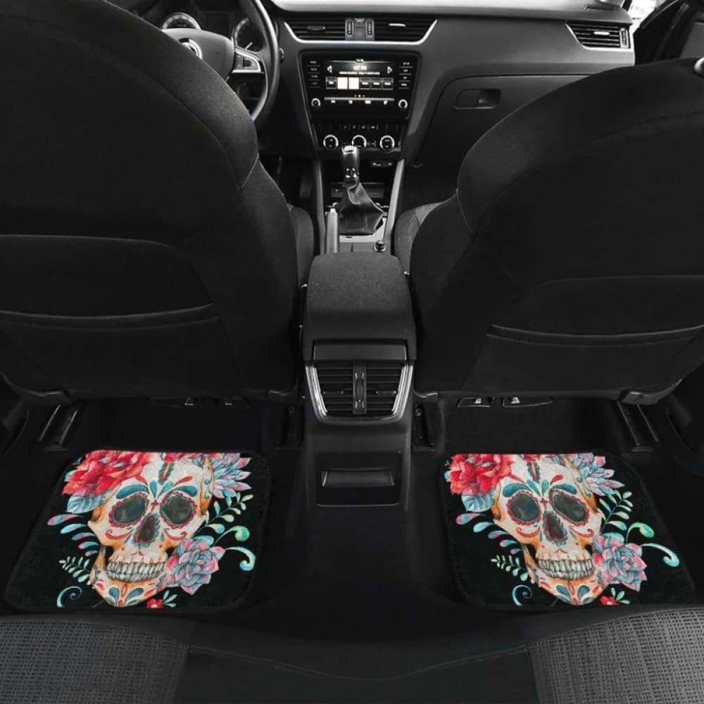 Set Of 4 Pcs Floral Sugar Skull Car Mats 101207