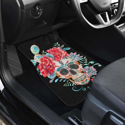 Set Of 4 Pcs Floral Sugar Skull Car Mats 101207