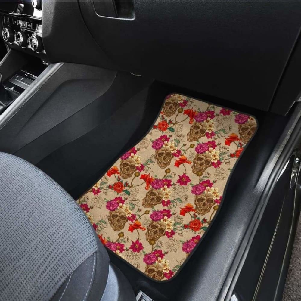 Set Of 4 Pcs Floral Sugar Skull Car Mats 101207