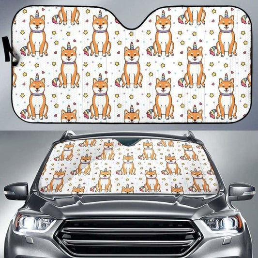 Shiba Inu Unicorn Costume Horn Colorful Tail Pattern Car Auto Sun Shades 172609 - YourCarButBetter