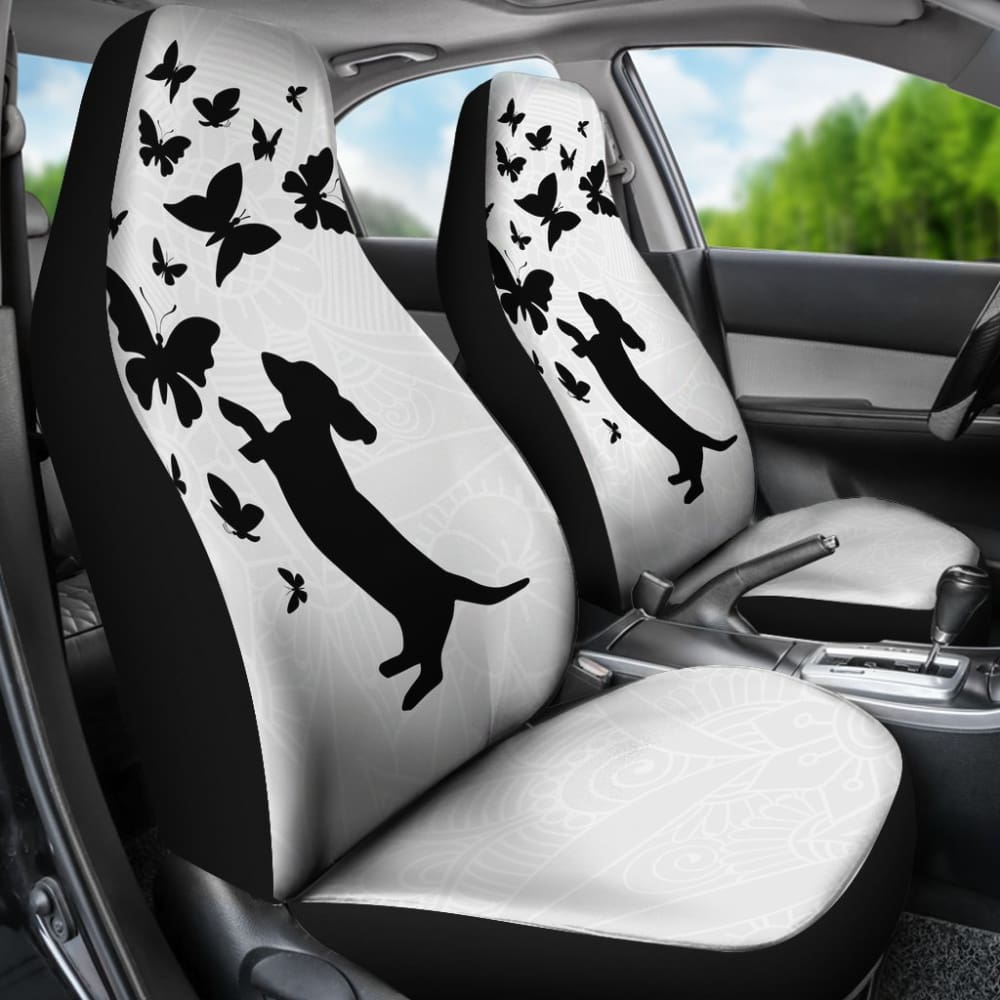 Silhouette Happy Dachshund Playing With Butterlies Car Seat Covers 210301 - YourCarButBetter