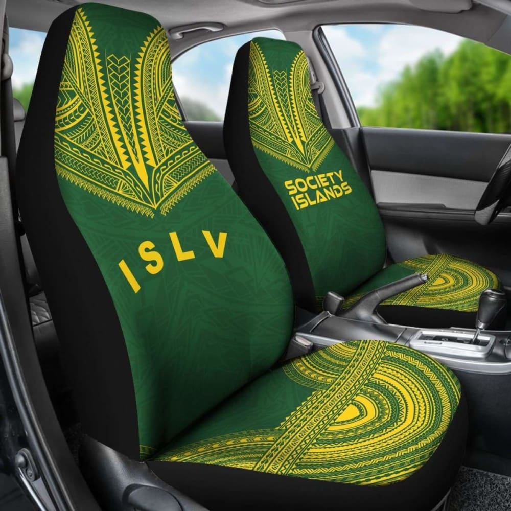 Society Islands Car Seat Cover - Society Islands Flag Polynesian Chief Tattoo Green Version - 10 174914 - YourCarButBetter