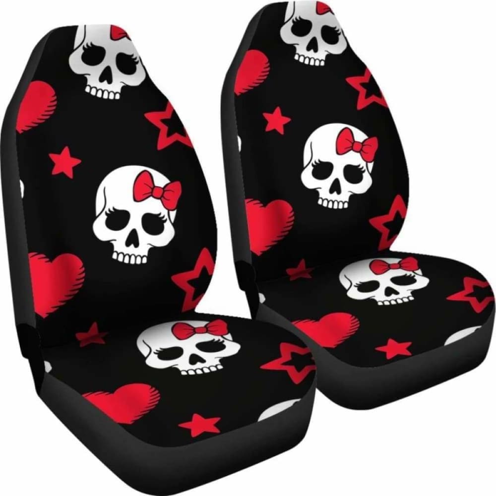 Sugar Skulls Red Black Bow Hearts Micro Fiber Car Seat Covers 101207