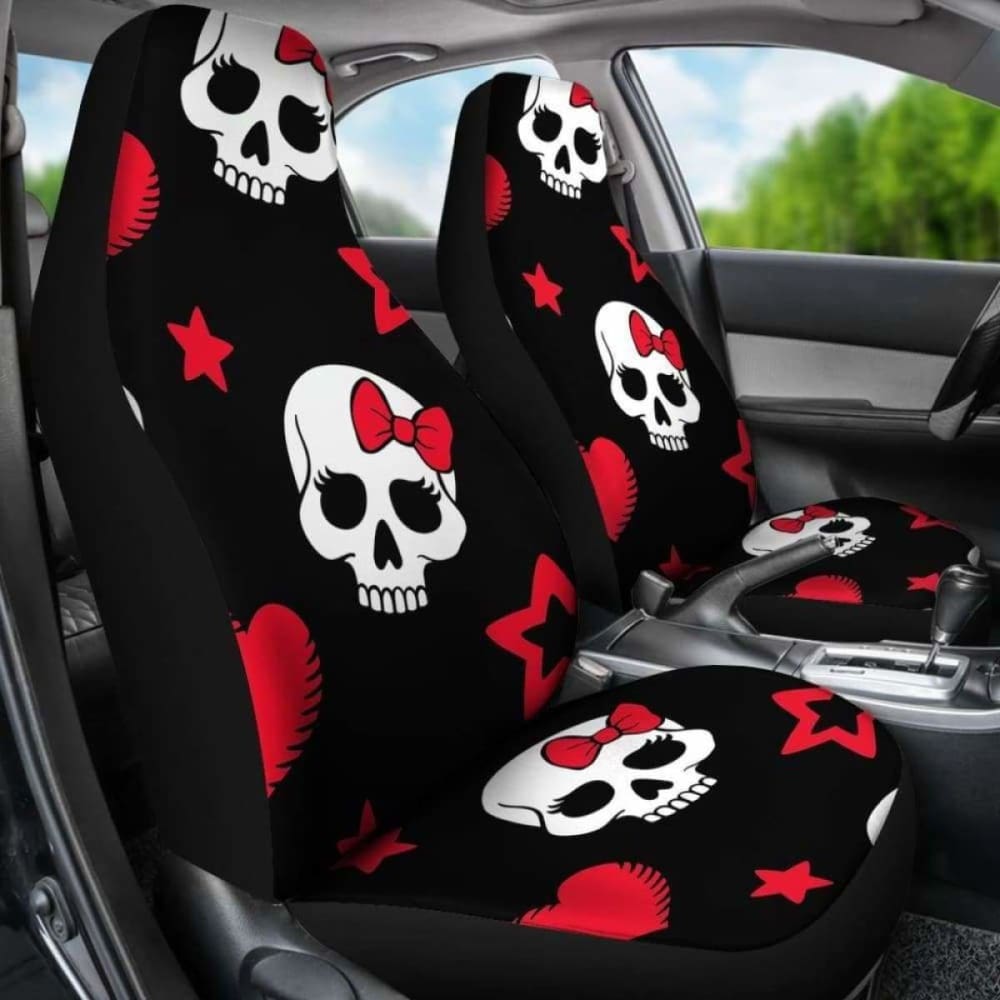 Sugar Skulls Red Black Bow Hearts Micro Fiber Car Seat Covers 101207