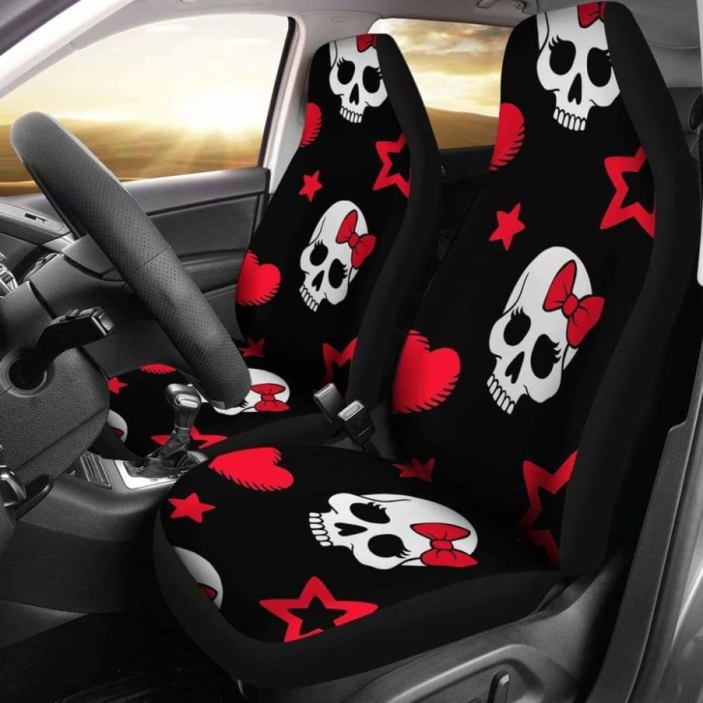 Sugar Skulls Red Black Bow Hearts Micro Fiber Car Seat Covers 101207
