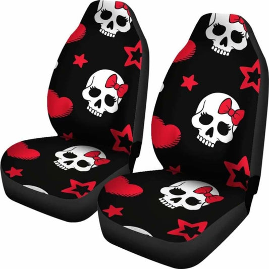 Sugar Skulls Red Black Bow Hearts Micro Fiber Car Seat Covers 101207