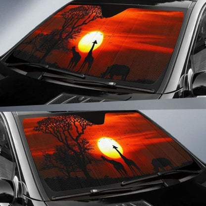 Sunset Giraffe Rhinoceros Silhouette Hd Car Sun Shade 085424 - YourCarButBetter