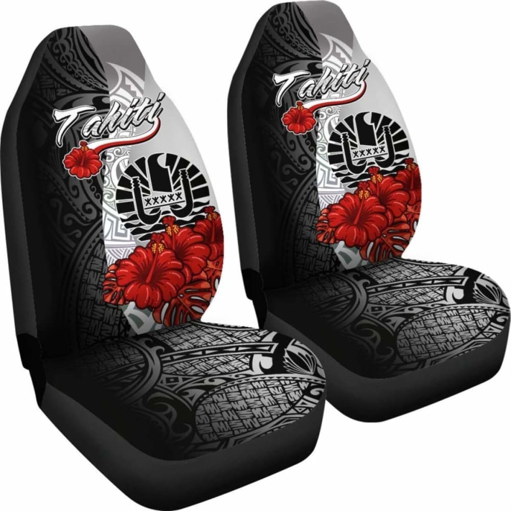 Tahiti Polynesian Car Seat Covers - Coat Of Arm With Hibiscus White - 232125 - YourCarButBetter